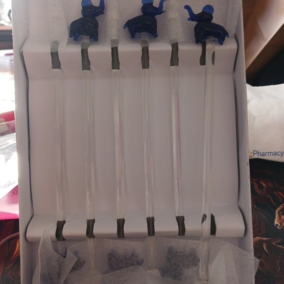 Set of Glass Swizzle Sticks with Blue Elephant Toppers - Picture 4 of 4